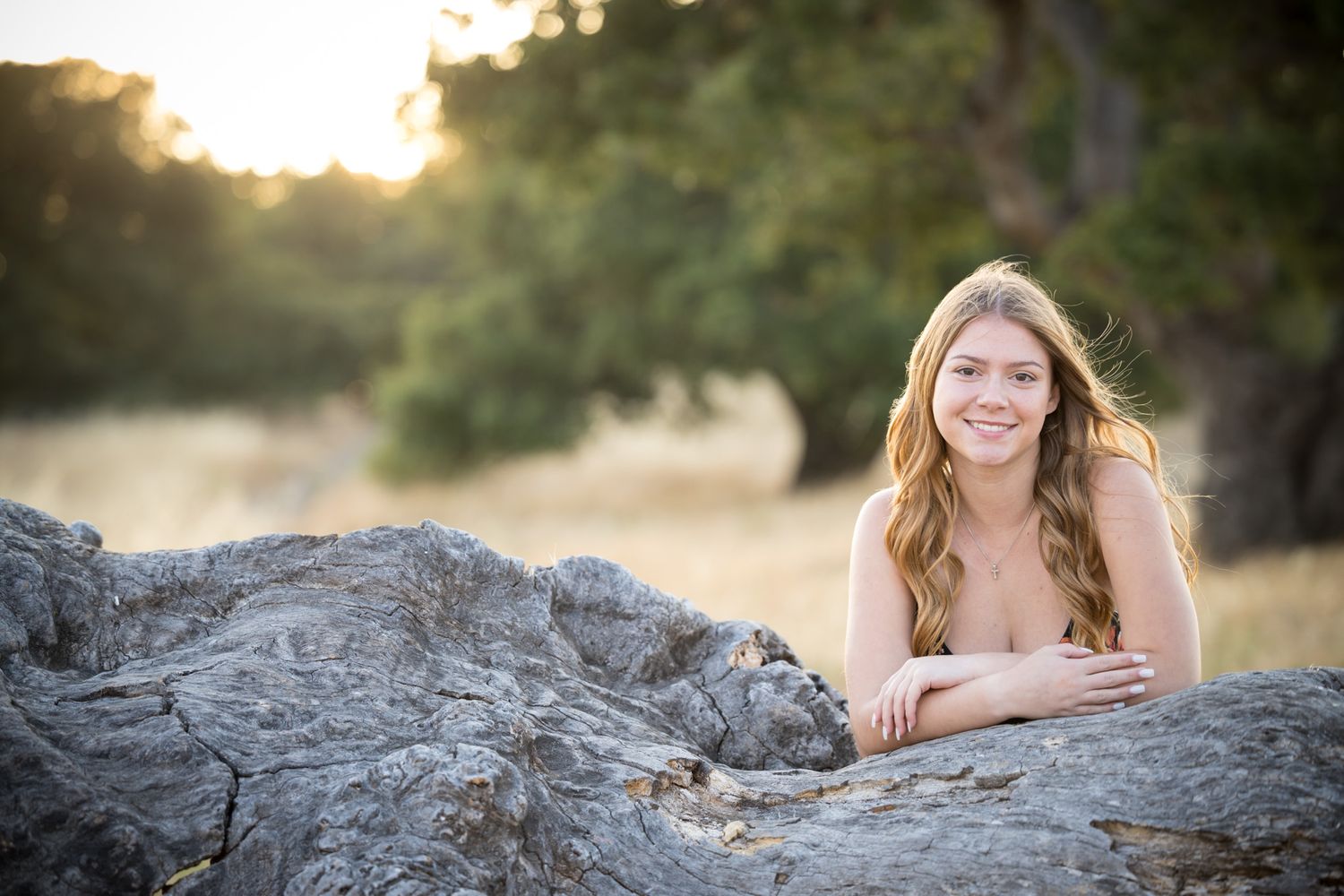 Portrait session in a golden field at sunset with rustic log elements.