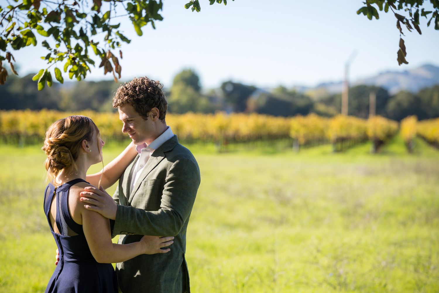 Romantic couple embracing in a sunlit vineyard with golden autumn foliage and green meadows in the background.