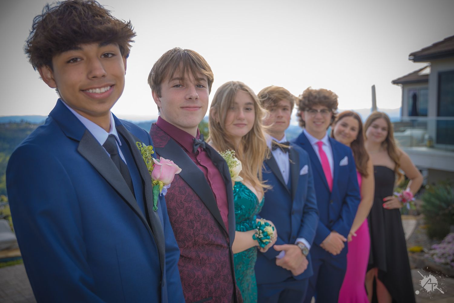 Line of friends in formal wear pose outdoors with mountain views behind them.