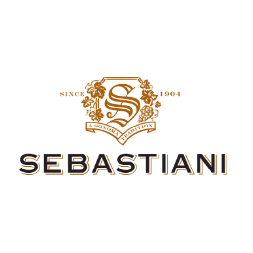 Logo design for Sebastiani winery featuring an ornate gold S monogram and company name below.