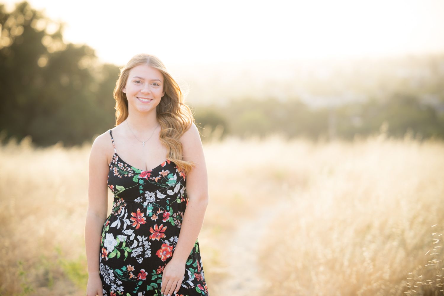 Outdoor portrait series in a sun-lit field during golden hour.