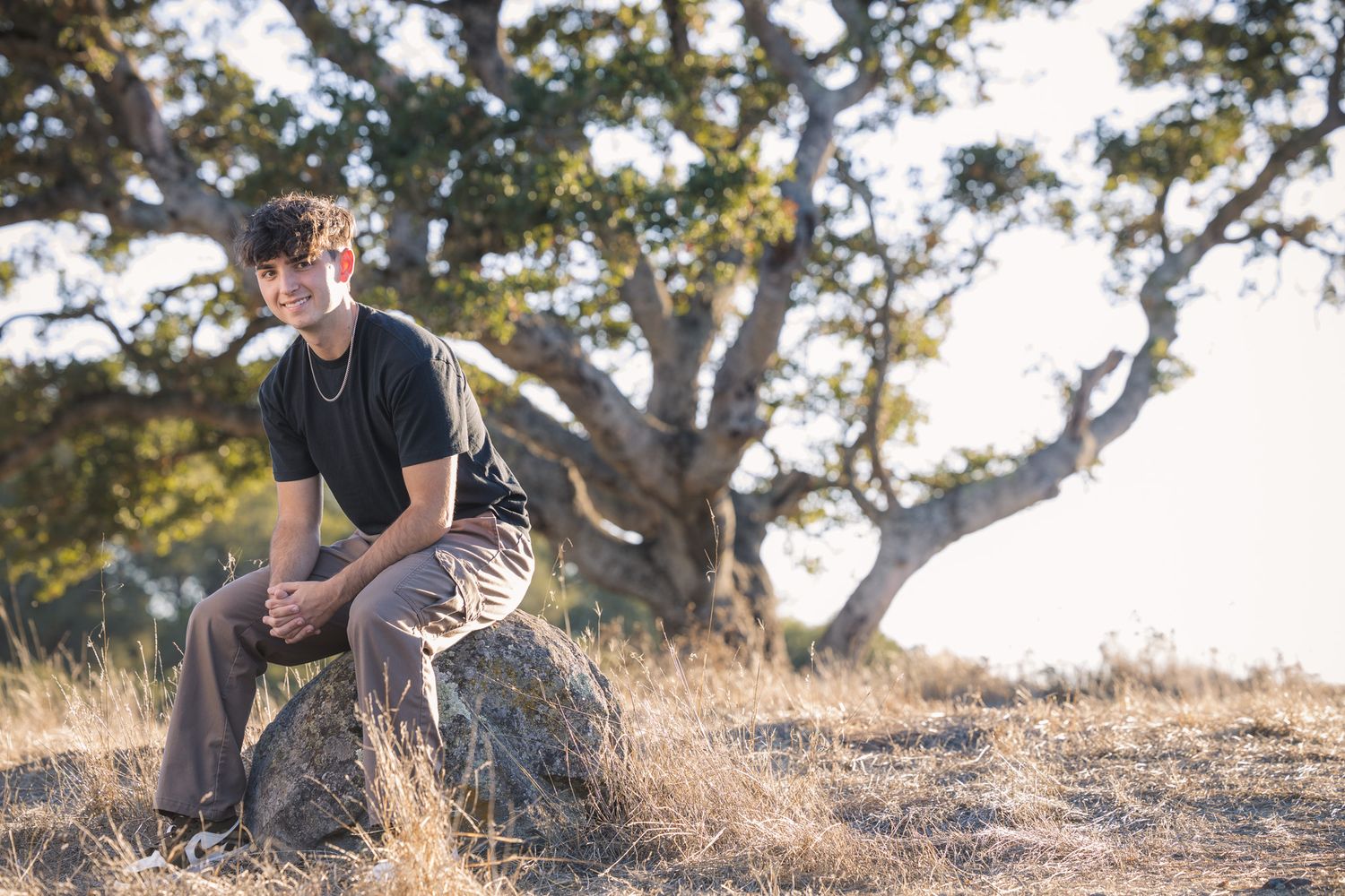 Person sitting on rocky terrain overlooking nature landscape with trees in background.