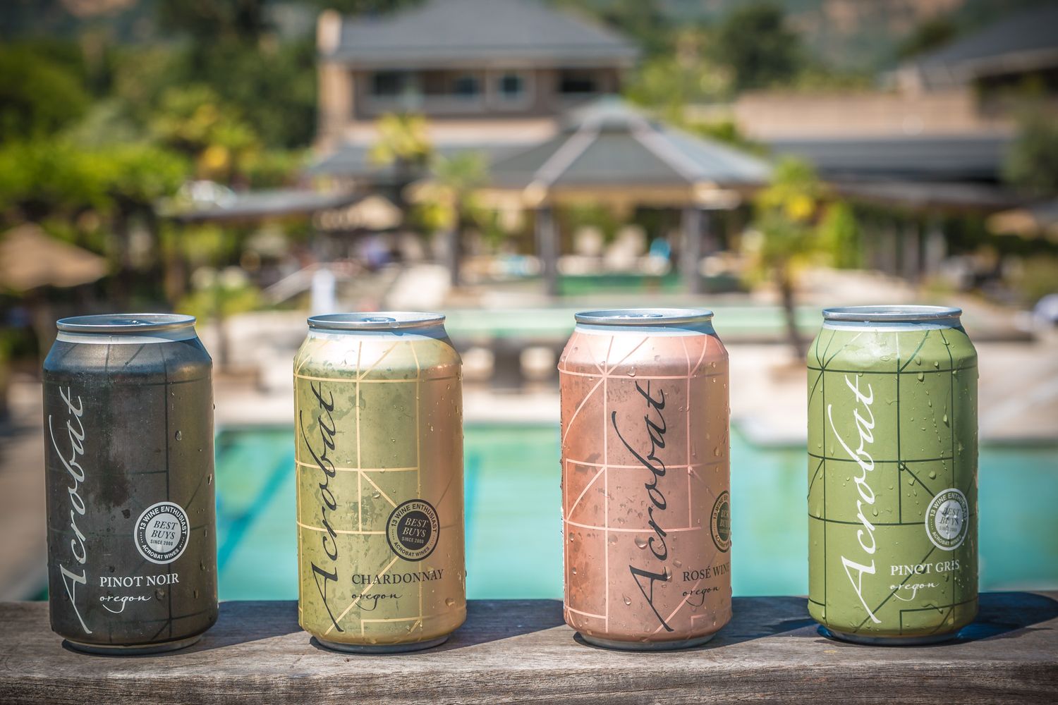 Row of wine cans in various colors displayed on a table with a swimming pool in the background.