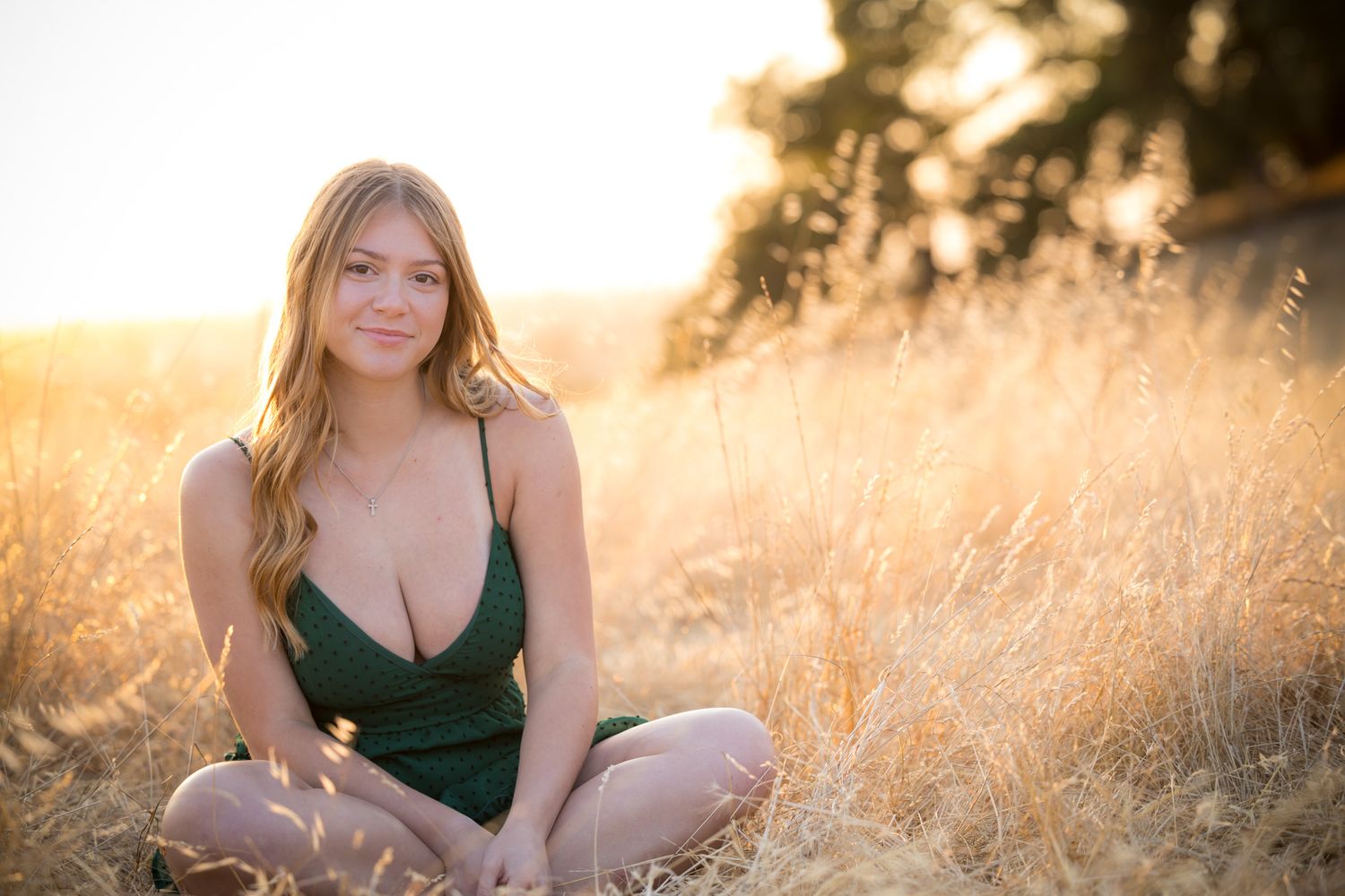 Natural light portrait in green dress amid golden grass at sunset.