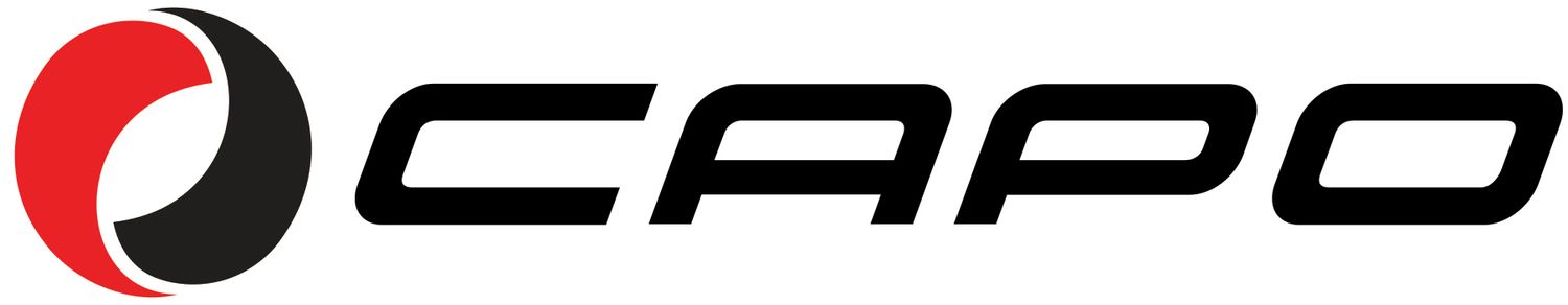 Capo sports equipment company logo in black and red with circular design.