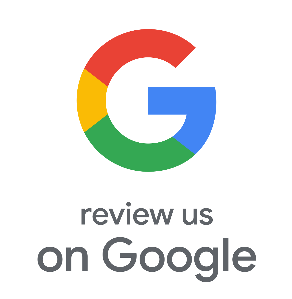 Google review logo with the stylized G icon in red, yellow, green and blue colors above 'review us on Google' text.