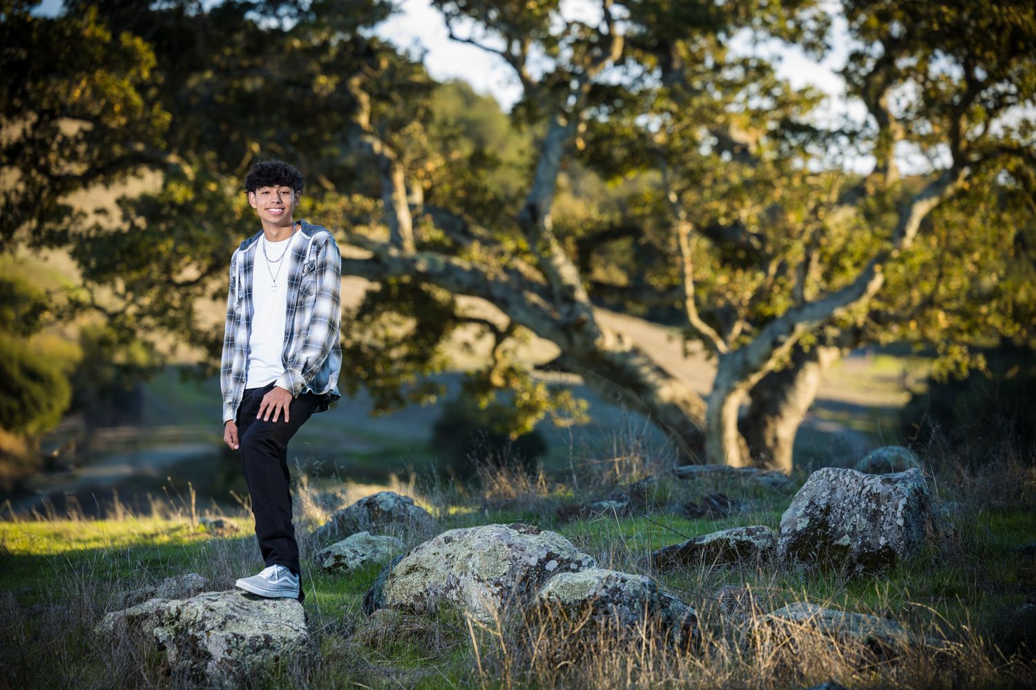 Senior Photos - Person in plaid shirt standing on rocks with oak trees in background.