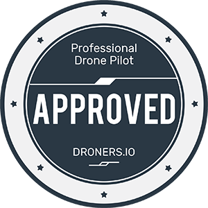 Professional drone pilot approved certification badge from Droners.io in dark blue and white.