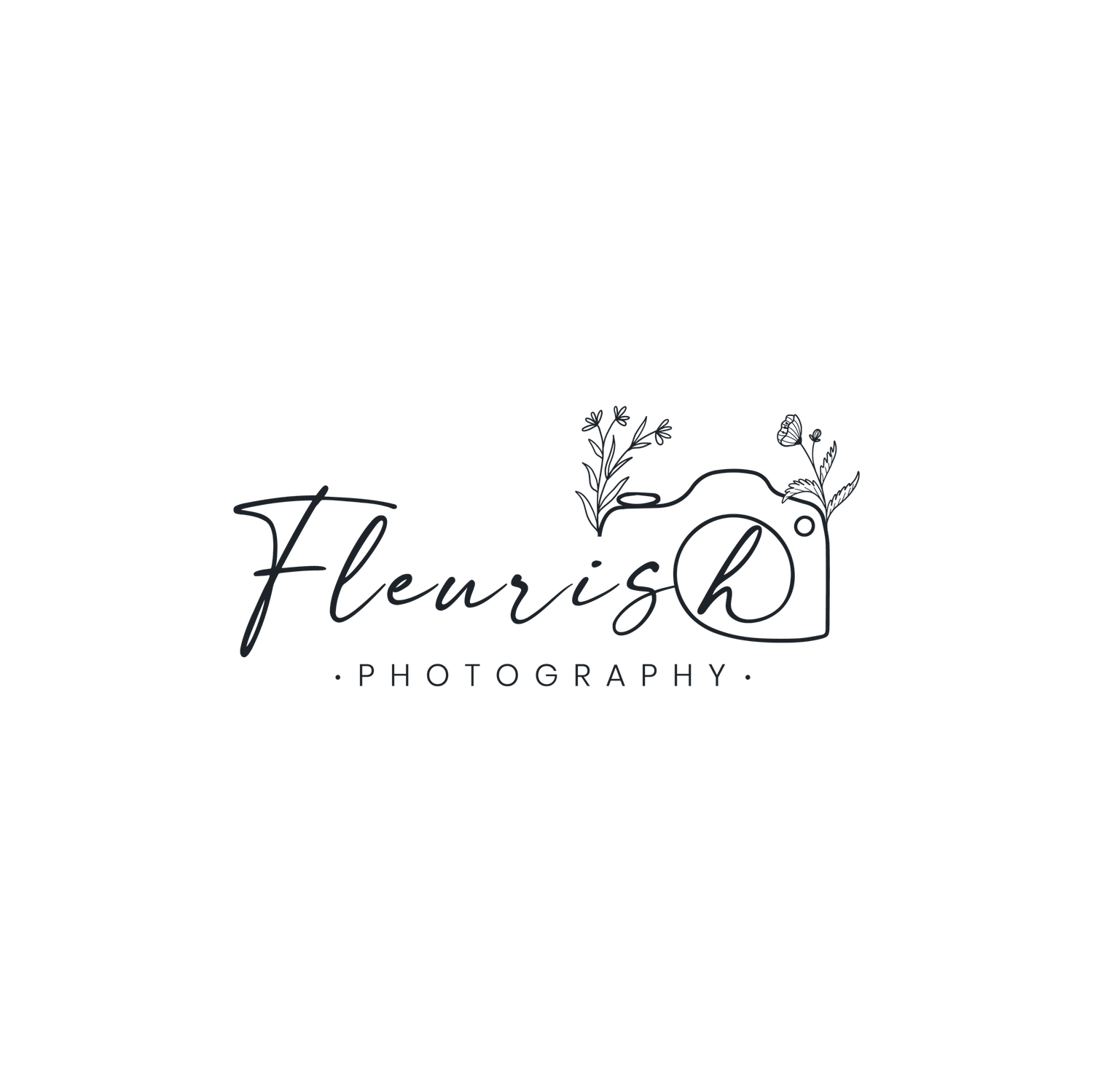 Elegant photography logo design with a camera icon and floral elements in black and white.