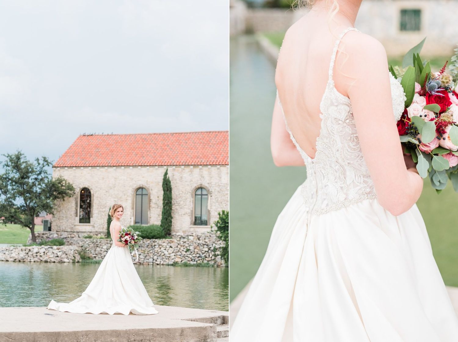 Elegant white wedding dress with lace detail photographed against a stone chapel and waterfront backdrop.