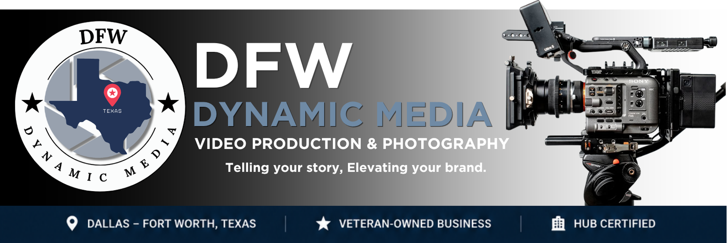 DFW Dynamic Media banner showcasing video production and photography services in Dallas-Fort Worth, Texas, veteran-owned business.