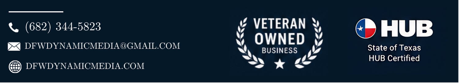 Veteran-owned, HUB certified business logo with Texas state certification badge and contact information.