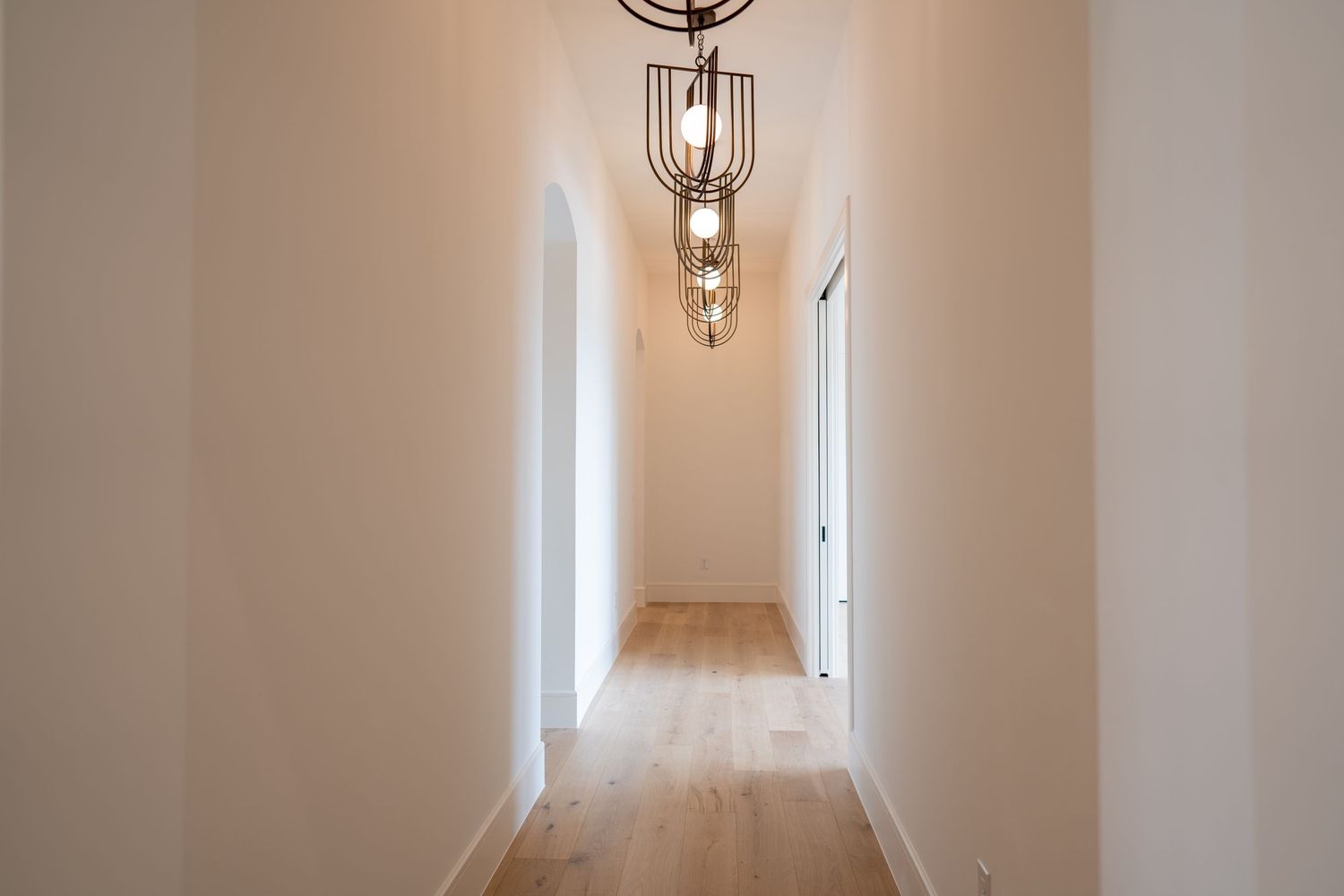 Minimalist hallway with hardwood floors and elegant pendant lighting fixtures.