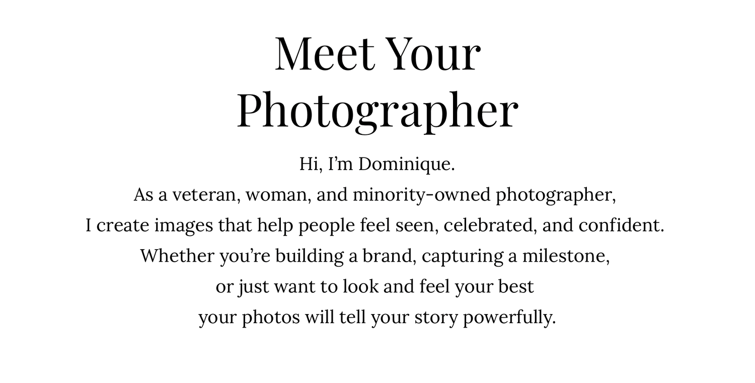 A minimalist photographer biography section with black text on white background describing their mission and services.