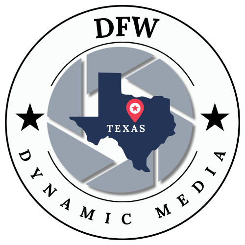 A circular logo for DFW Dynamic Media featuring Texas state outline and company branding.