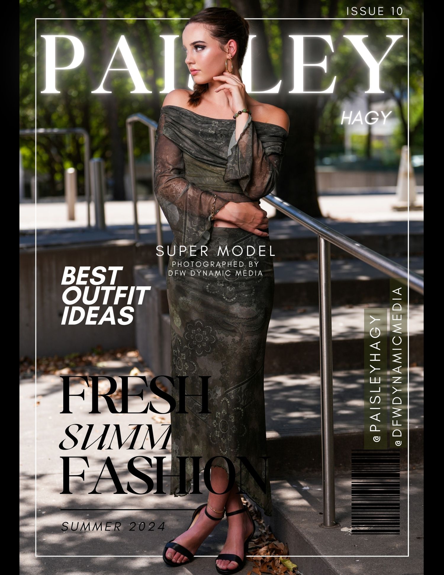 Magazine cover featuring elegant black evening gown in outdoor urban setting.