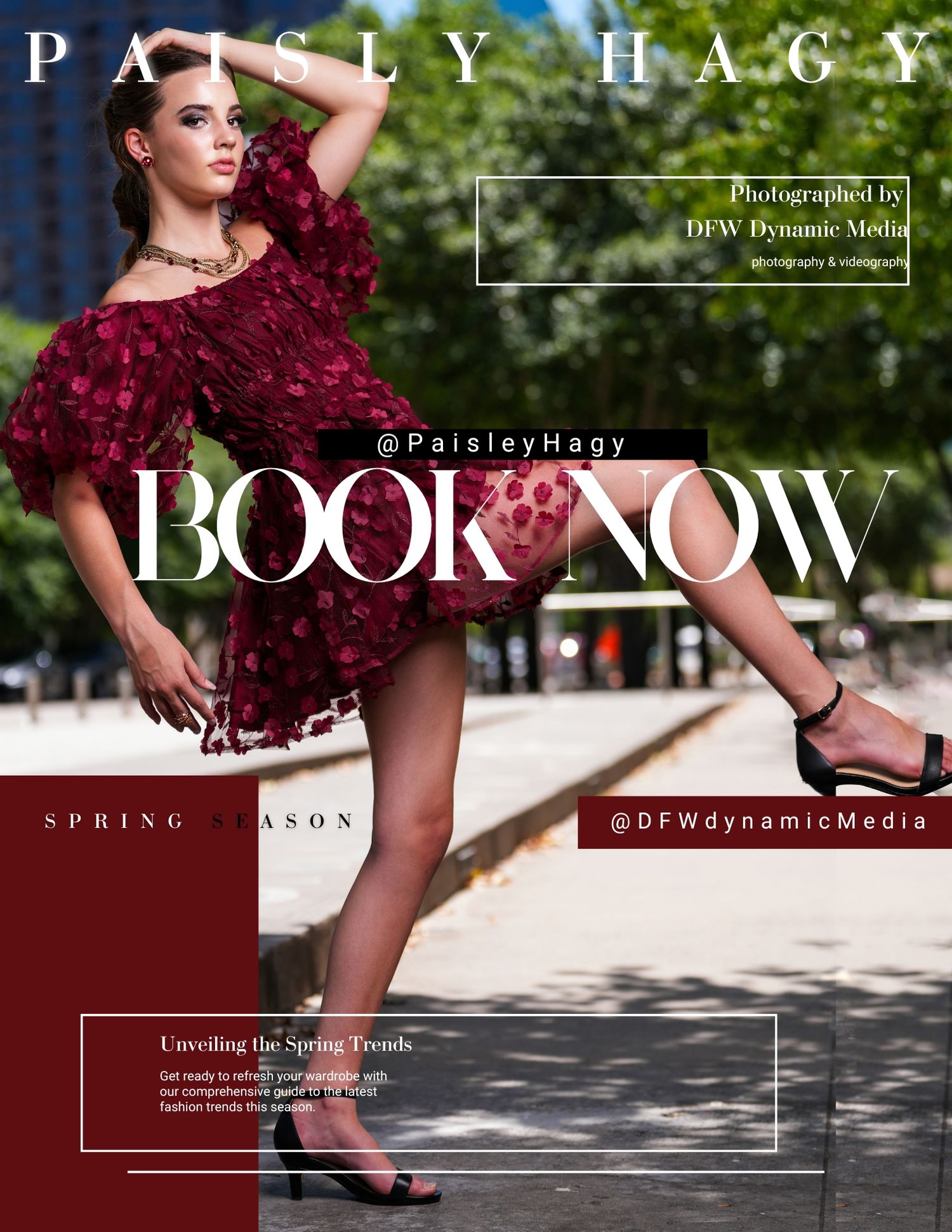 Fashion magazine cover showcasing model in dramatic red ruffled dress against urban backdrop.