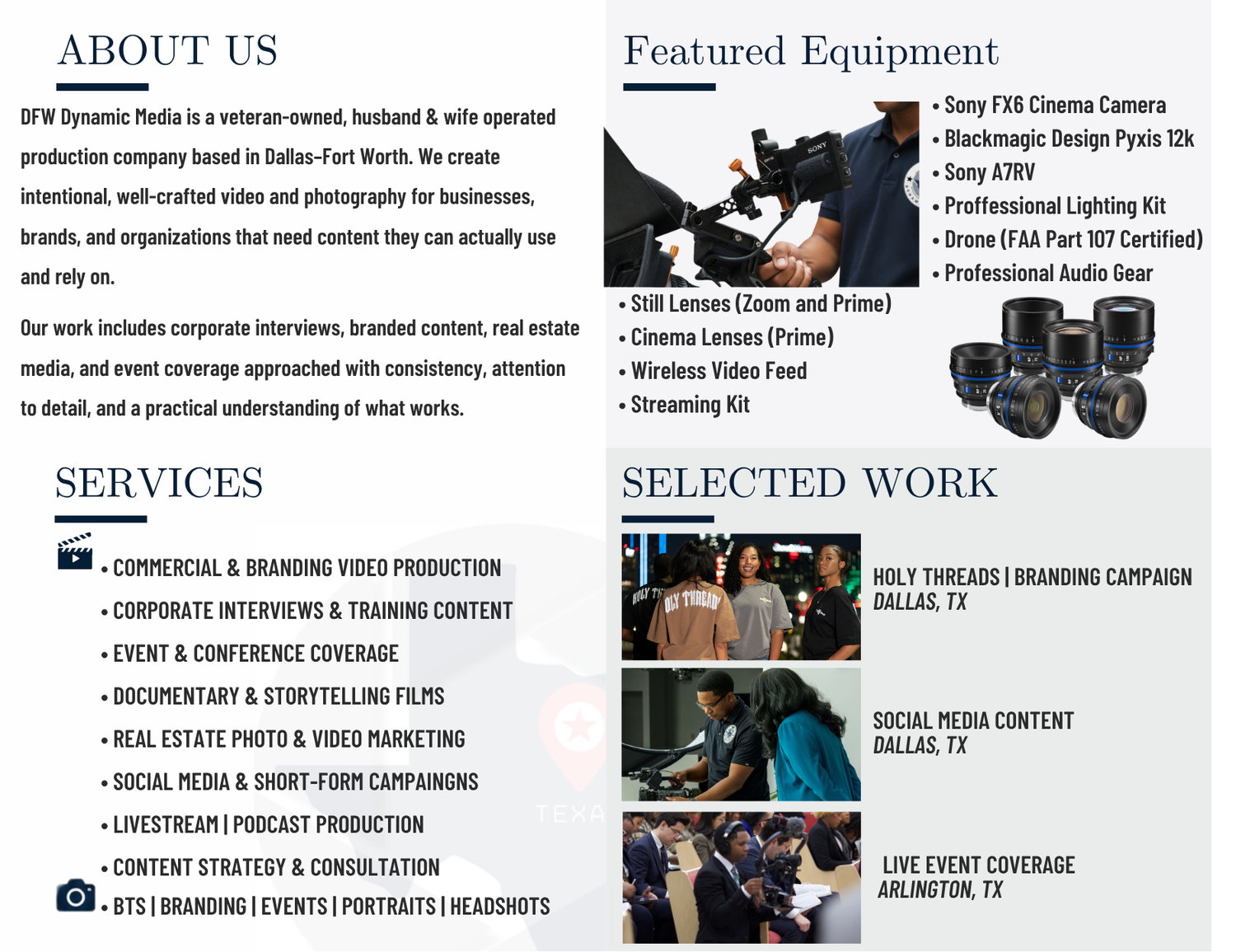 DFW Dynamic Media video production company brochure showcasing services, featured equipment, and selected work samples in Dallas-Fort Worth.