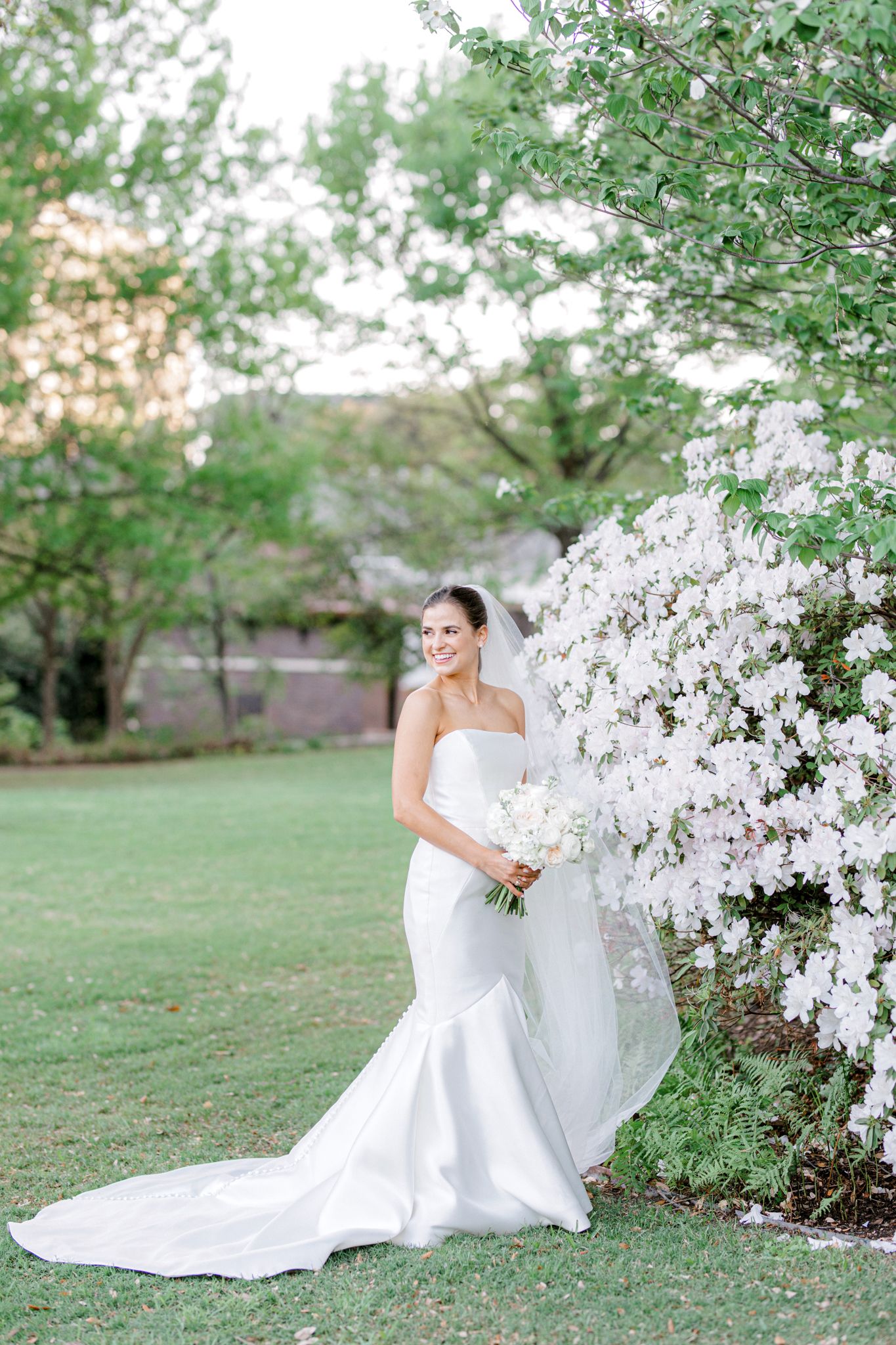 A bride in a white mermaid wedding gown poses beside blooming white azalea bushes on a green lawn.