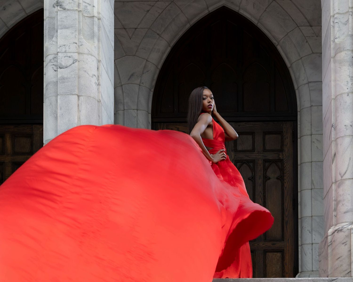 red flying dress at Marietta first Baptist church