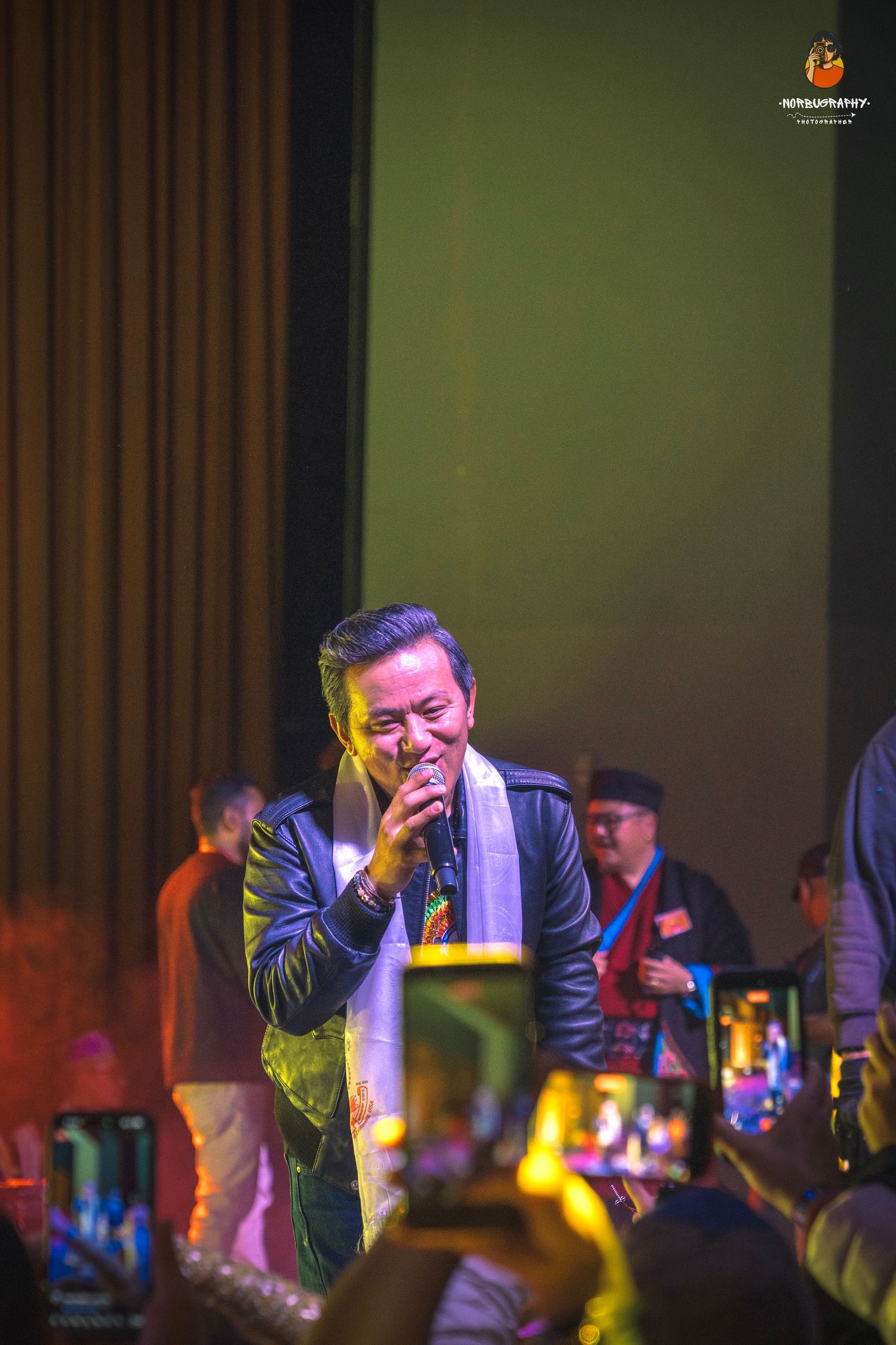 Performer singing on stage with dramatic lighting and crowd in foreground.