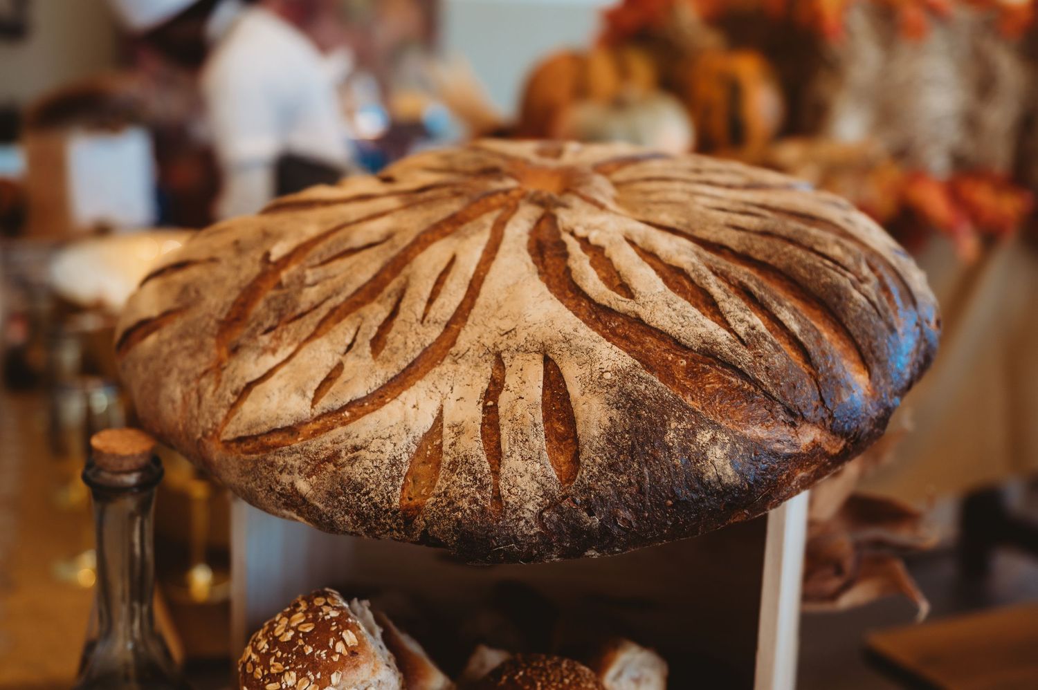 Artisan loaf of bread with a golden crust.