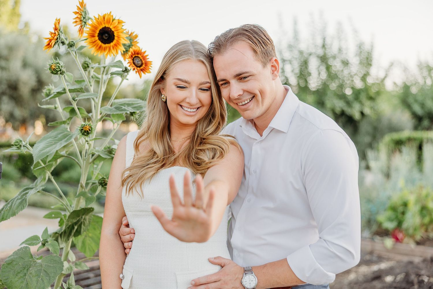A romantic couple embraces in a sunflower field during a summer photo session.
