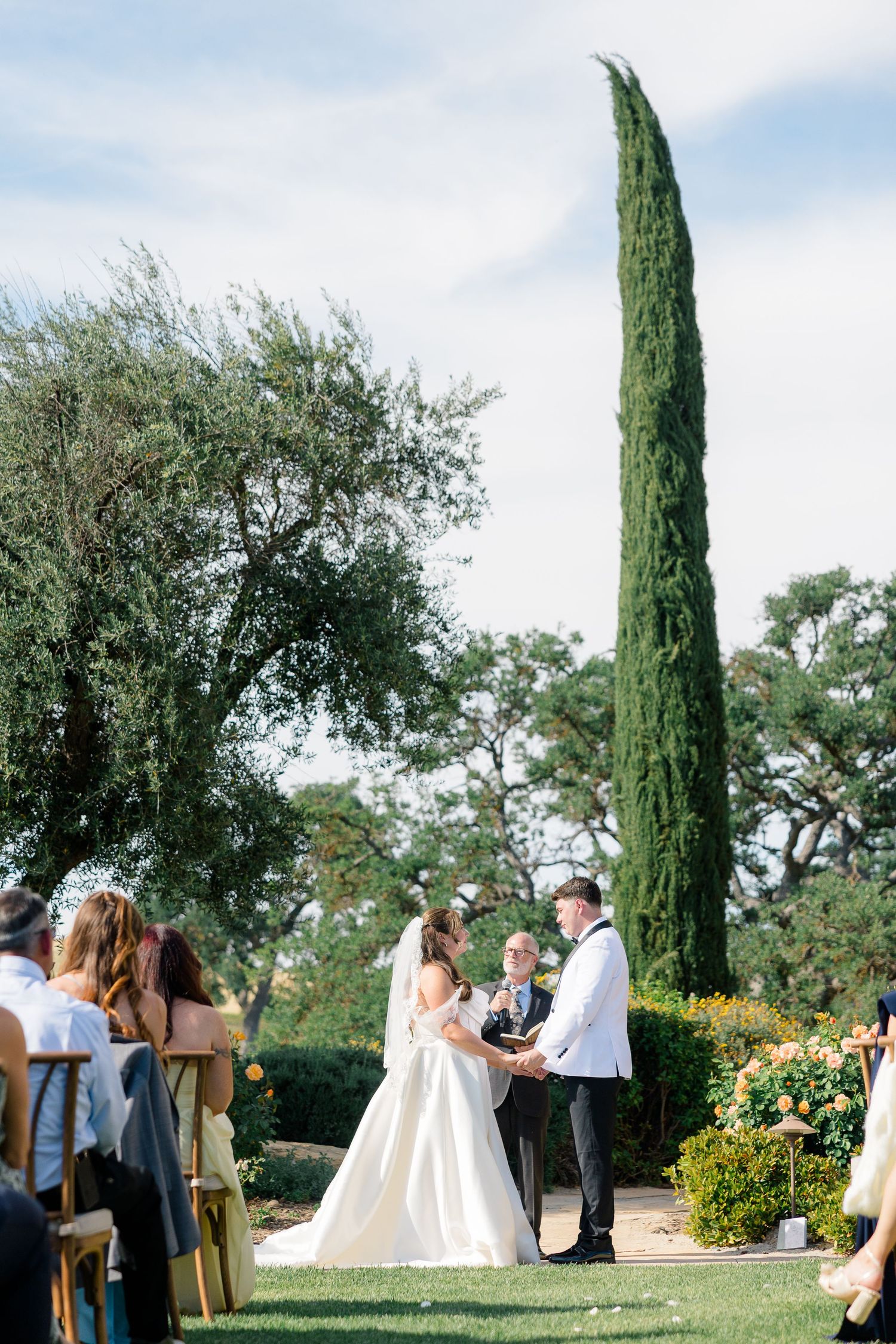 Bride and groom exchanging vows at outdoor ceremony with cypress tree.