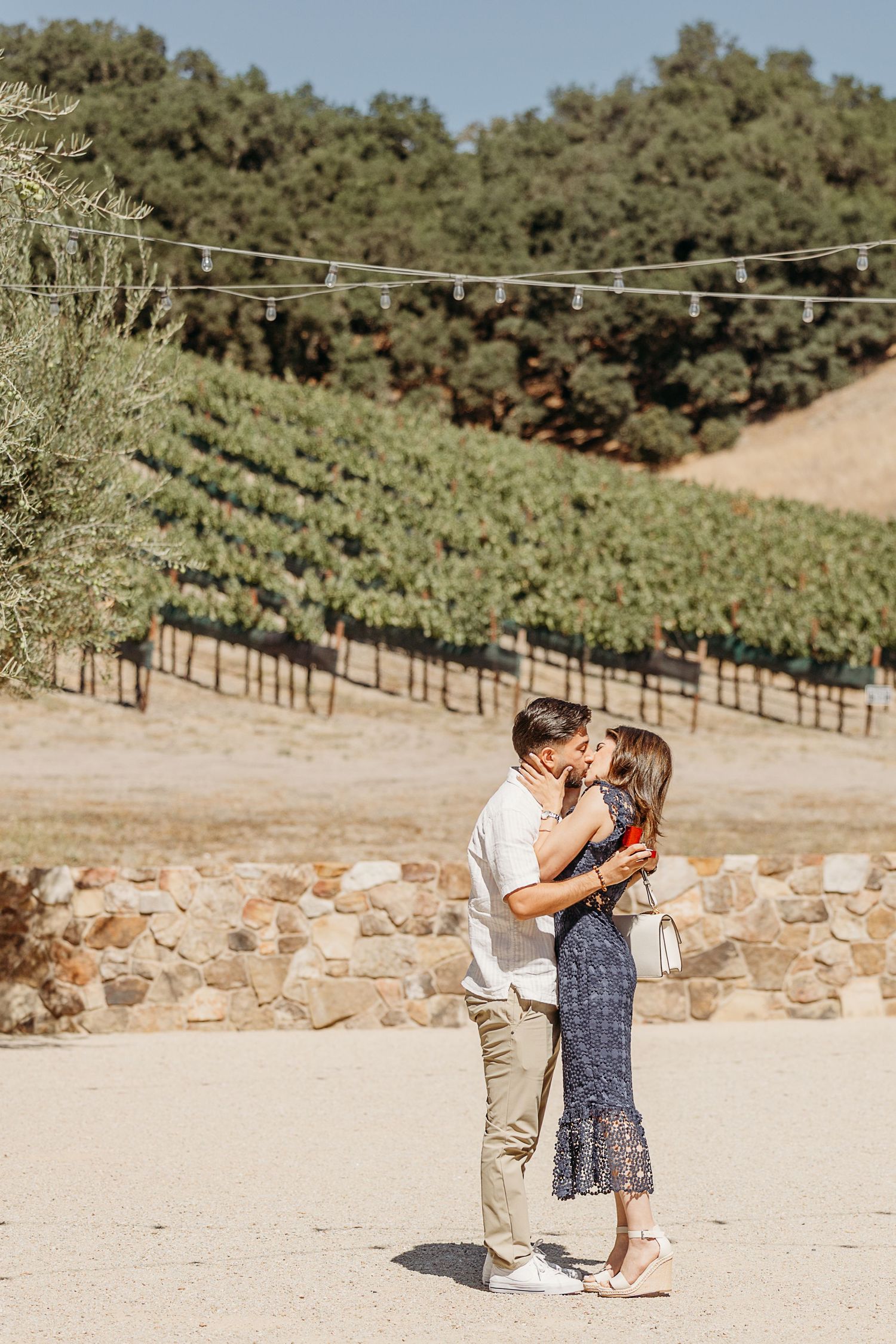 A romantic couple embraces in a sun-drenched vineyard with rolling hills and grapevines in the background.