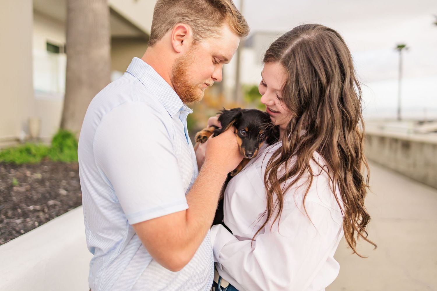 A couple in white shirts share a tender moment with their small black puppy against a neutral backdrop.