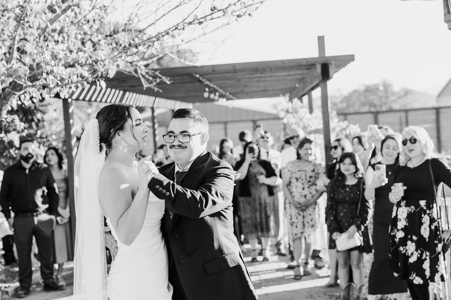 Wedding guests celebrating and dancing together during an outdoor reception.