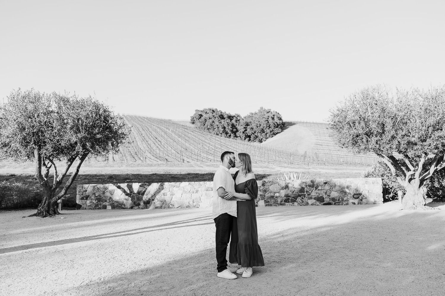 Scenic black and white landscape photo of couple embracing on rural hilltop with trees.