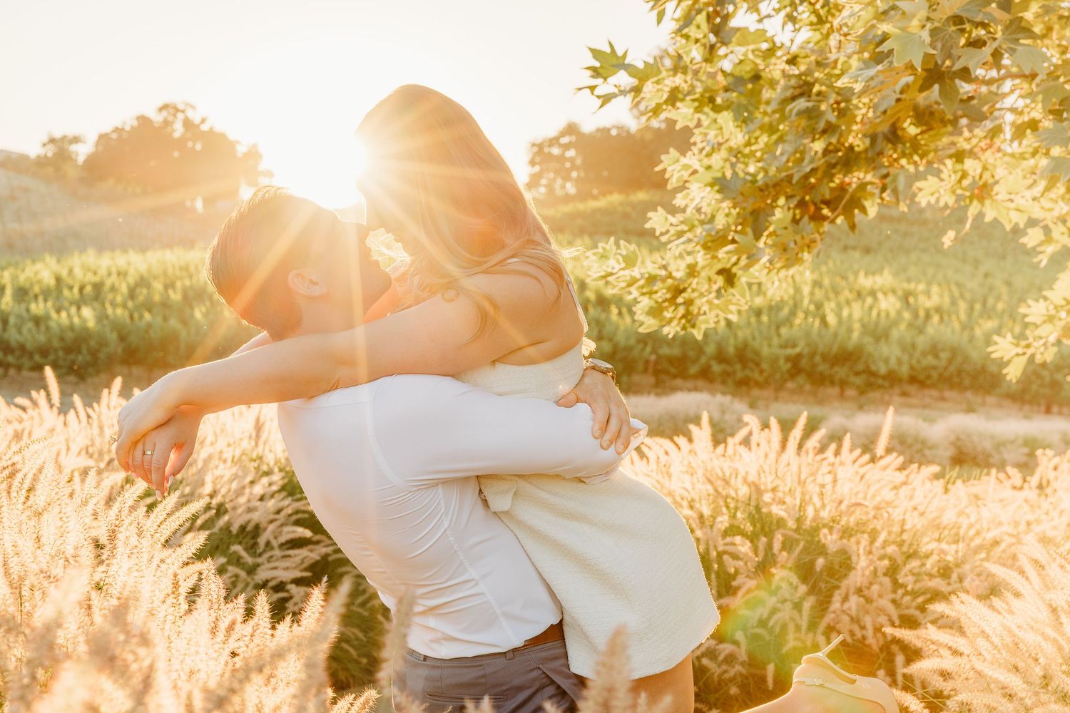 A couple embraces in golden sunlight with trees and fields creating a dreamy backdrop.