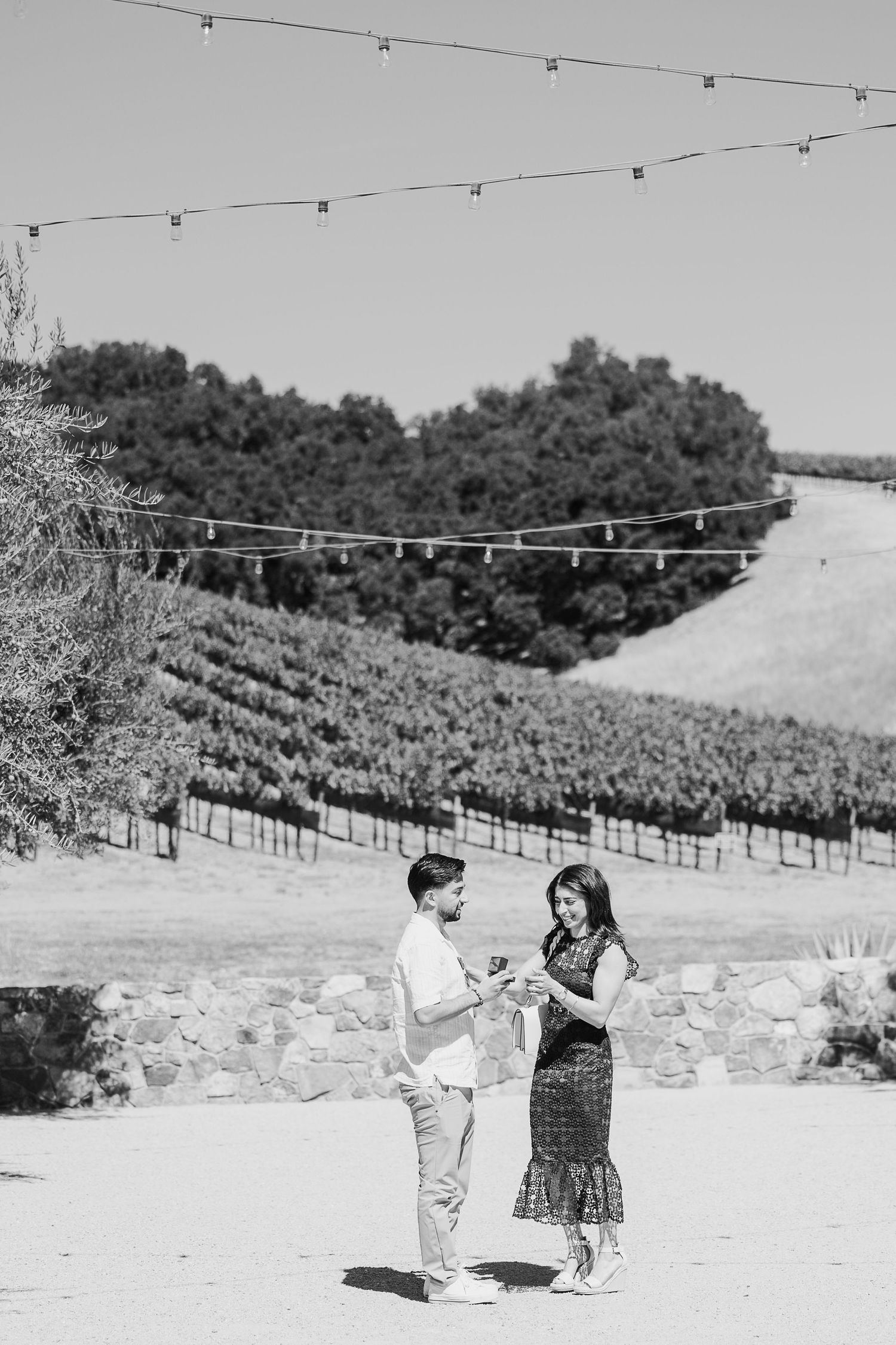 Black and white photo of a couple walking through a scenic vineyard with string lights overhead.