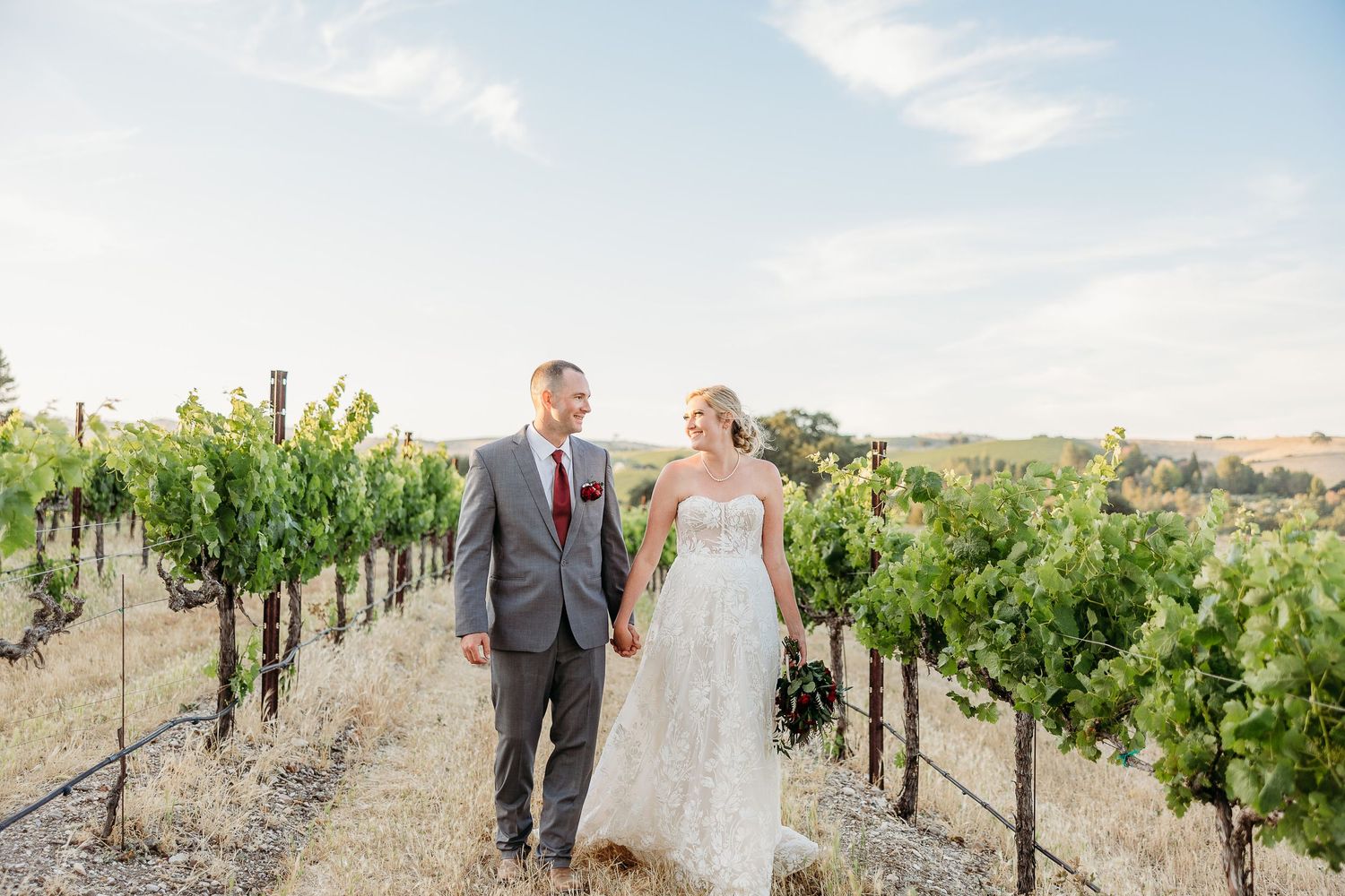 A couple walks hand in hand through vineyard rows on their wedding day.