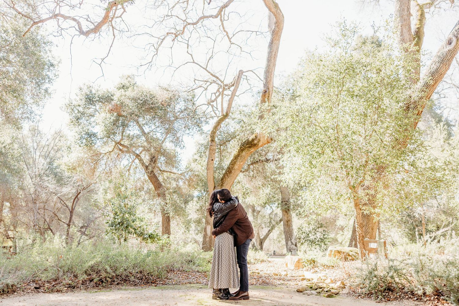 A romantic couple embraces under tall trees in a dreamy outdoor setting with filtered sunlight.