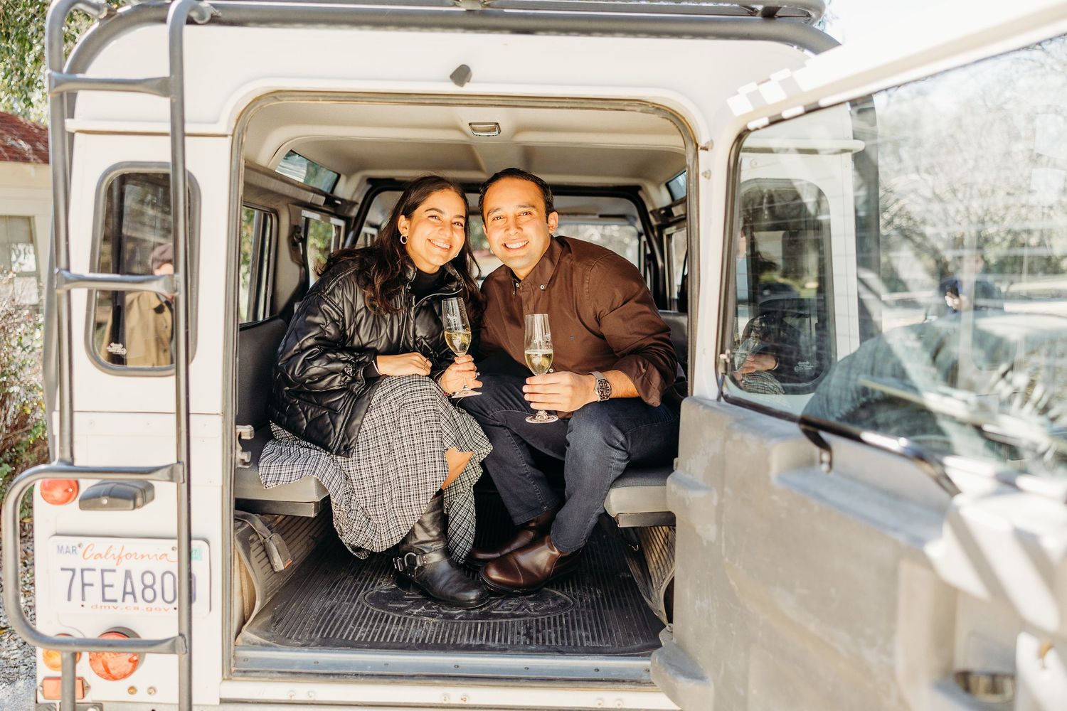 A series of photos showing a couple sitting together in what appears to be a vintage car or truck.