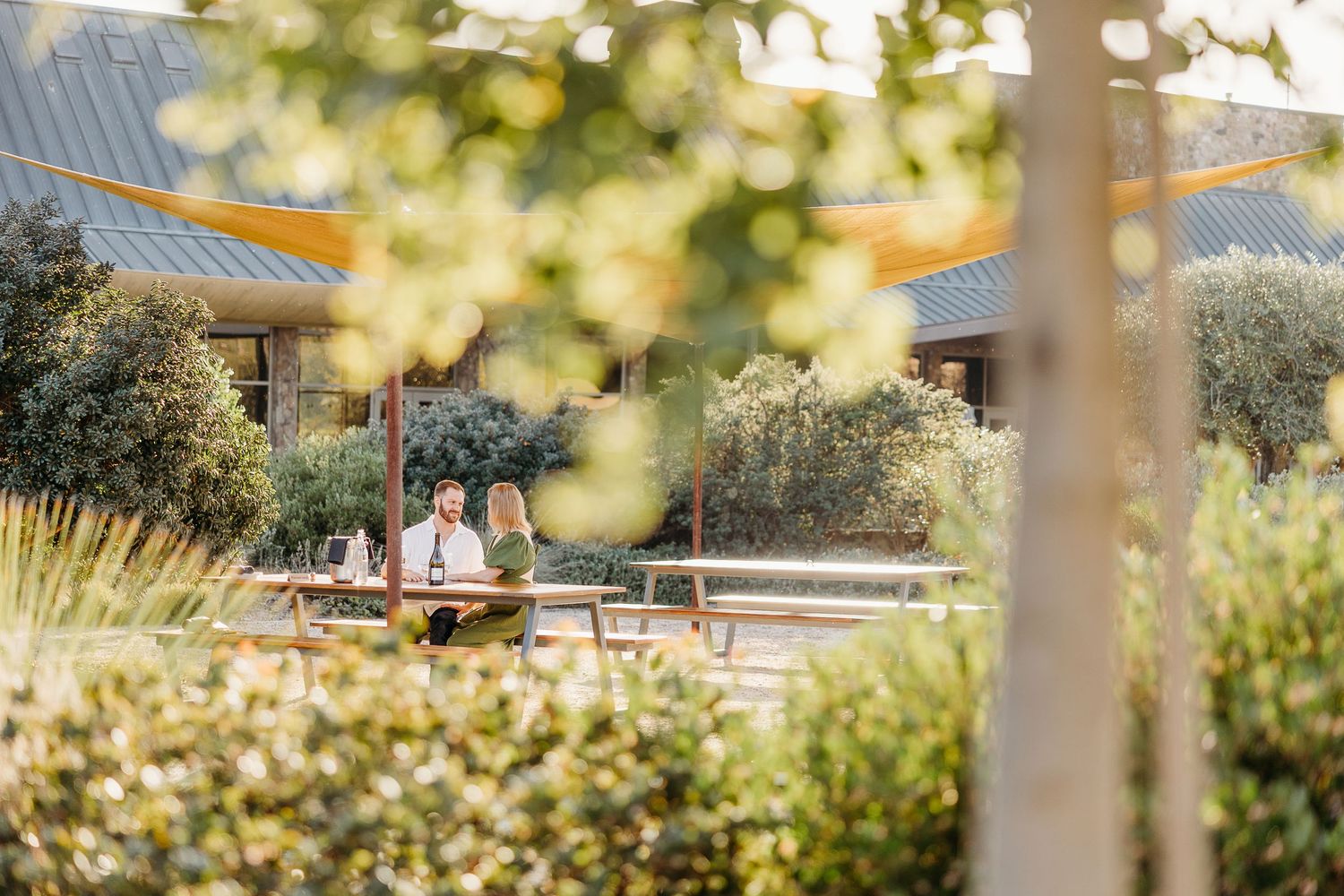 A couple sits together on a garden bench surrounded by lush greenery and dappled sunlight.
