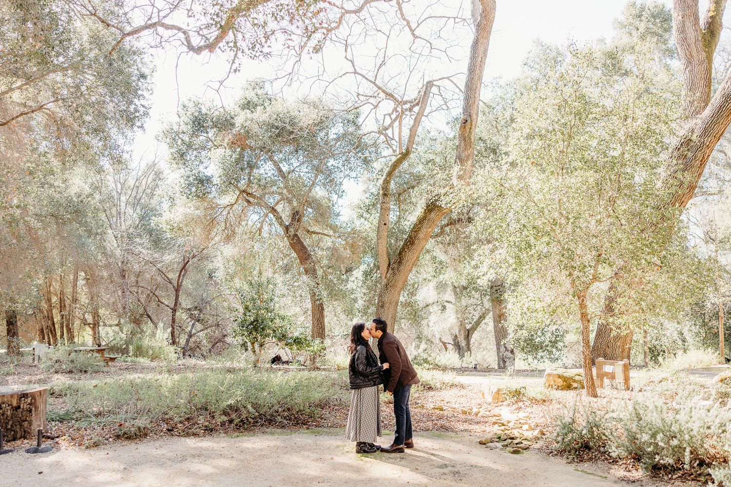 A couple walks together on a scenic tree-lined path in a natural outdoor setting during a romantic photoshoot.