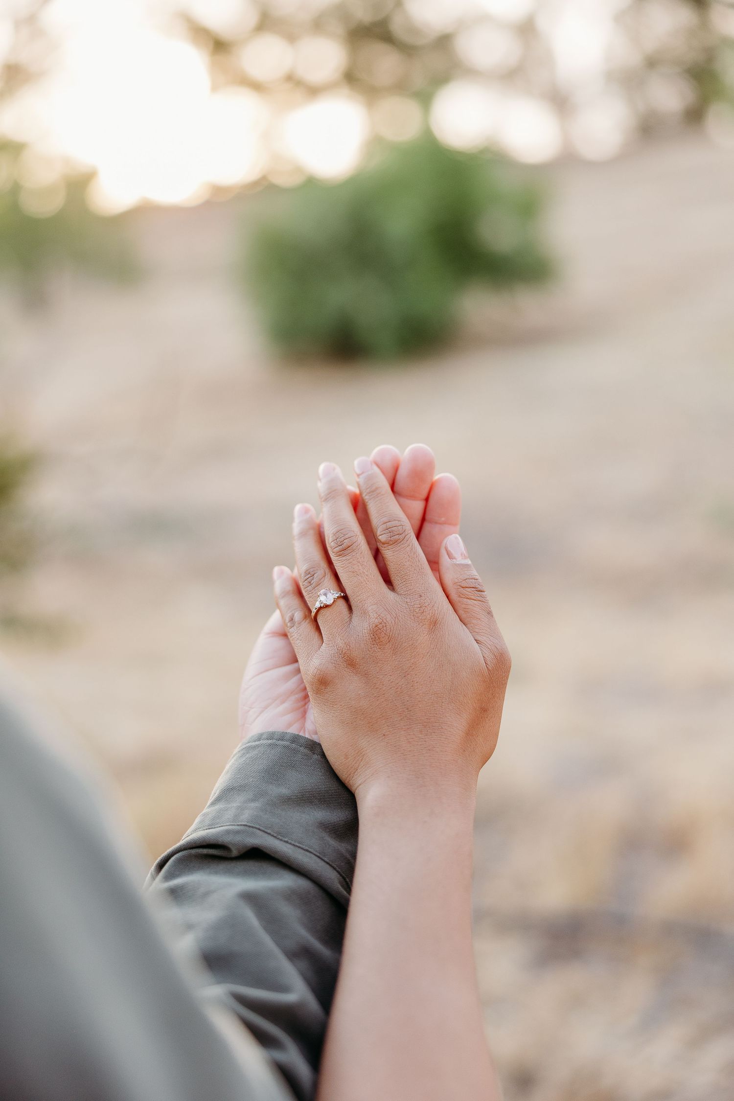 Two hands clasped together against a soft blurred outdoor background in warm sunlight.