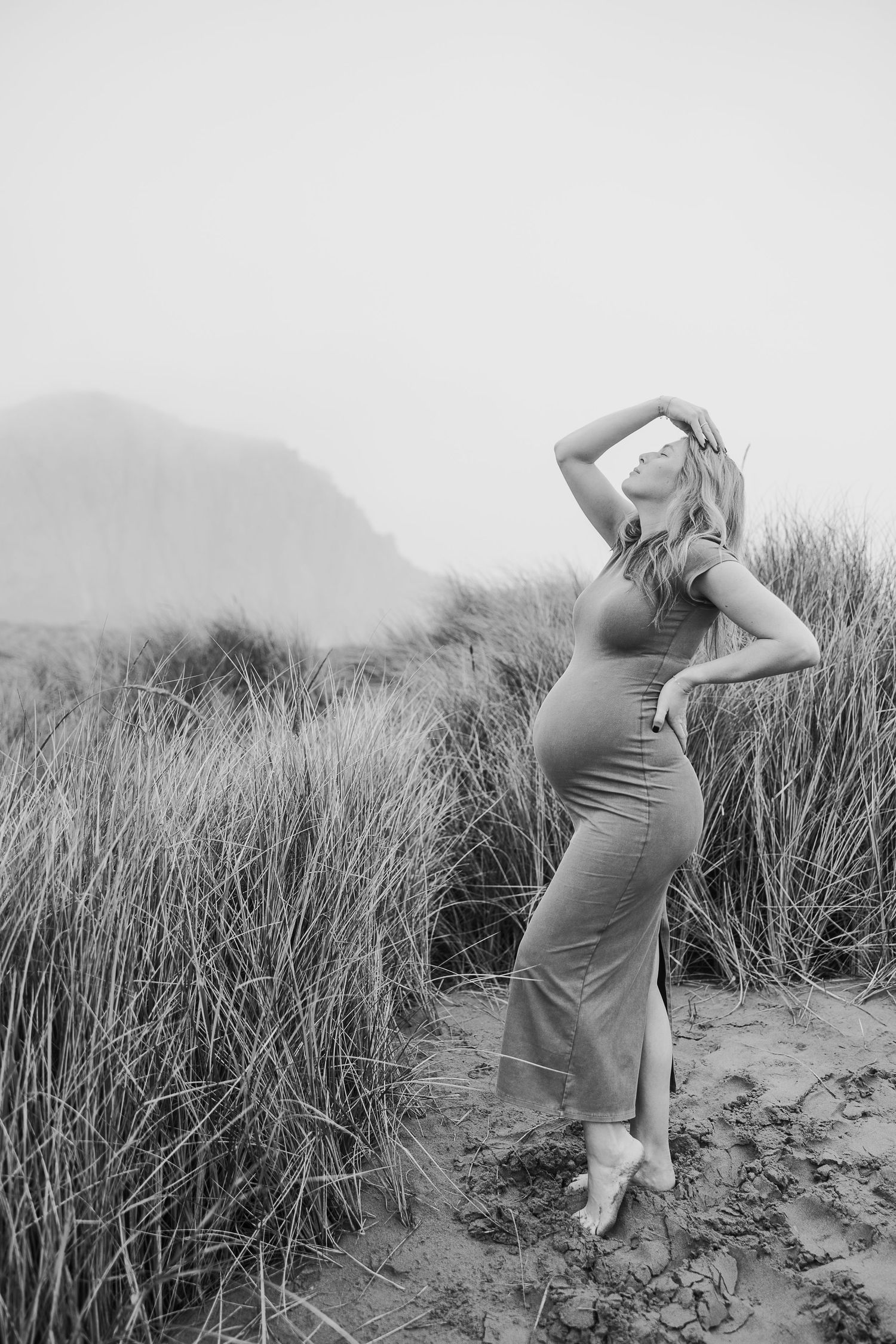 Artistic black and white maternity photo shows a silhouette against tall grass and mountains.