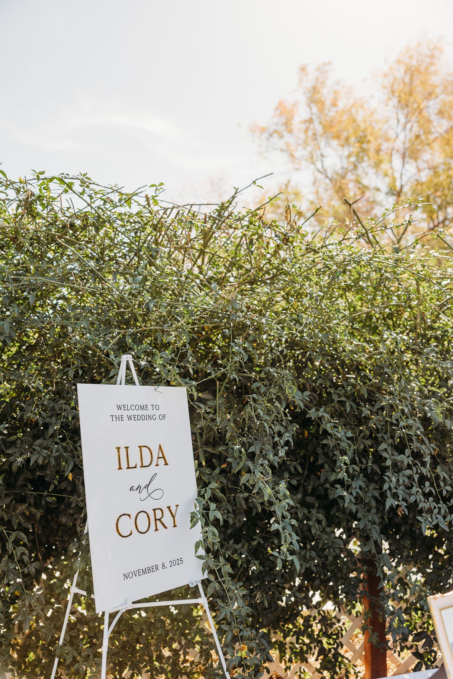 Outdoor wedding venue signage with names displayed among green hedges at sunset.
