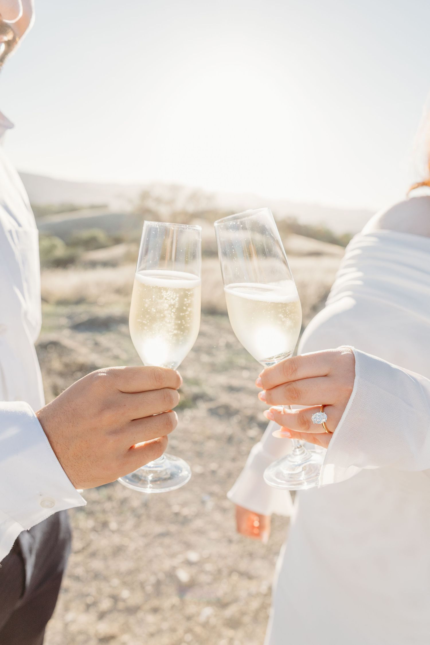 Two hands hold wine glasses for celebratory toast against sunset backdrop.