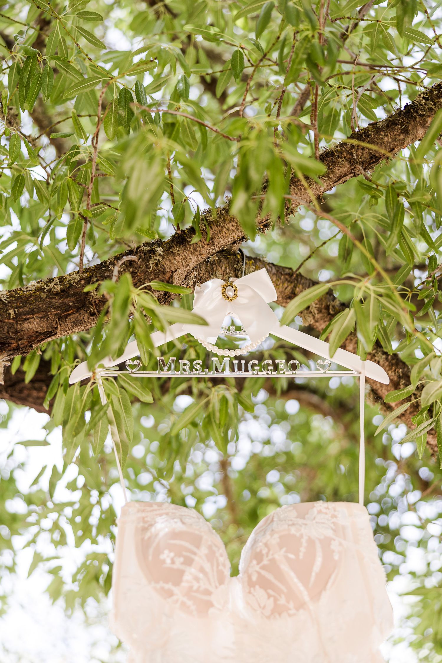 A white wedding dress hanger displayed on a tree branch with green leaves in the background.