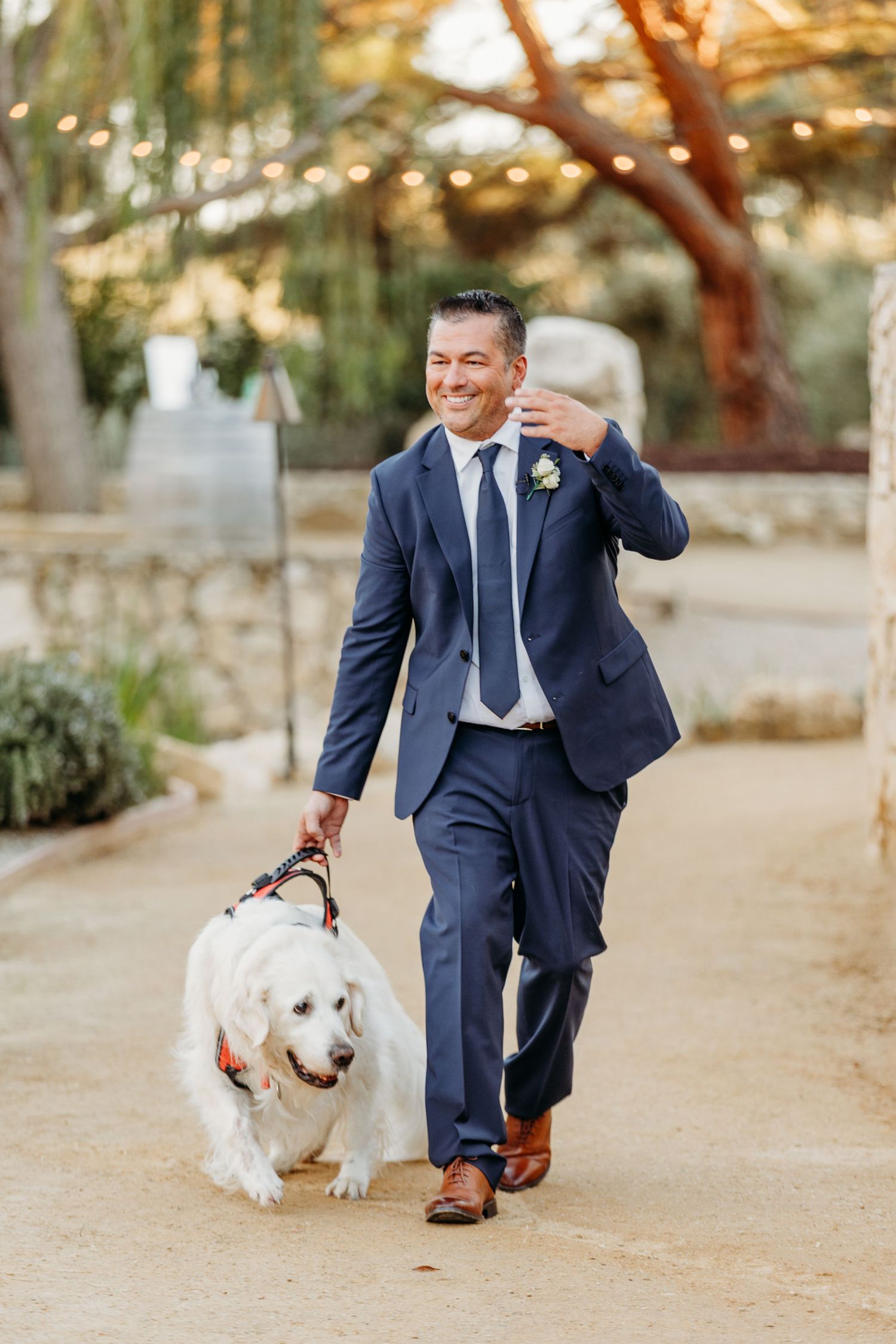 A person in a navy suit walking a white fluffy dog on a tree-lined path.
