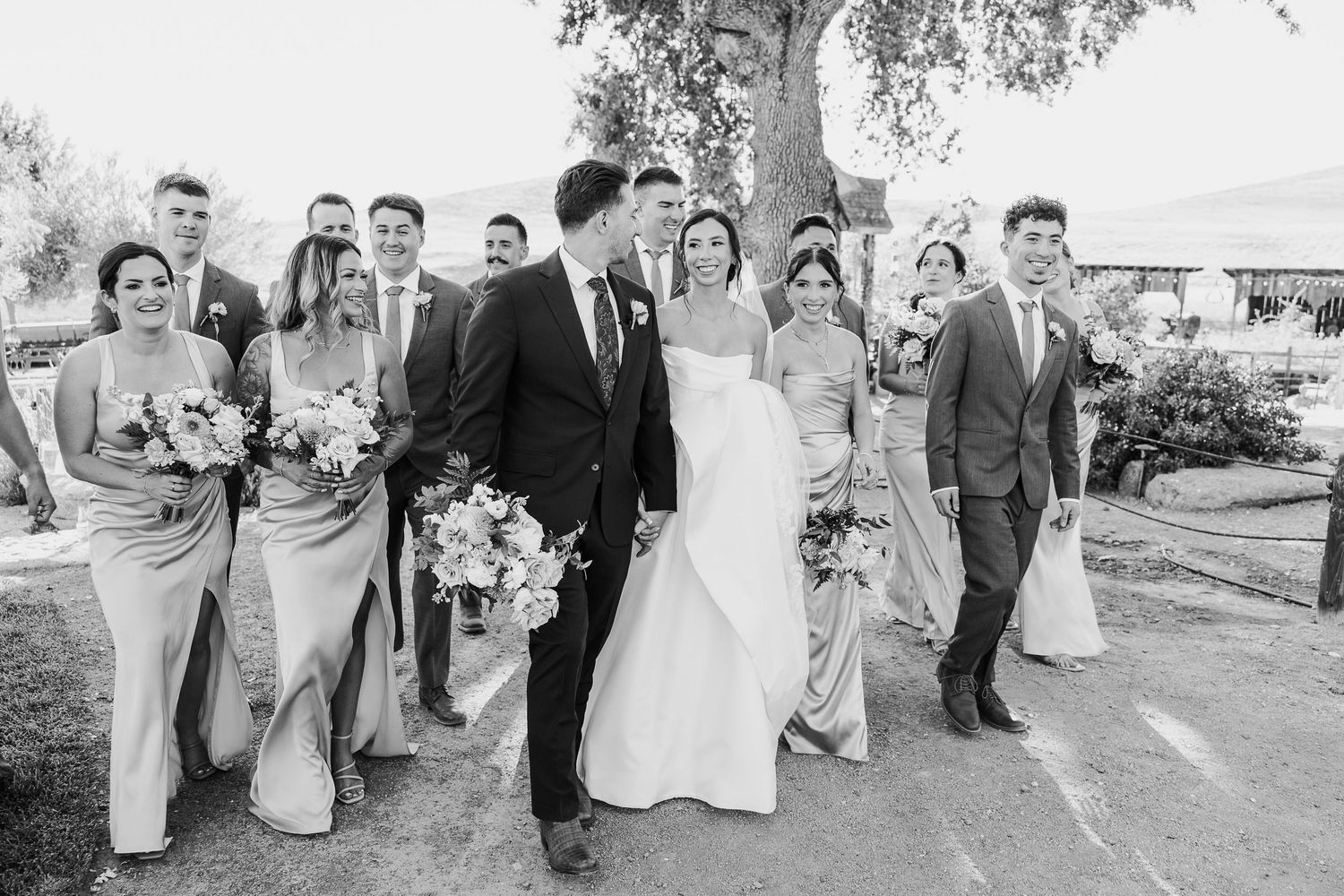 A wedding party walks together outdoors on a sunny day, captured in a series of candid black and white photos.