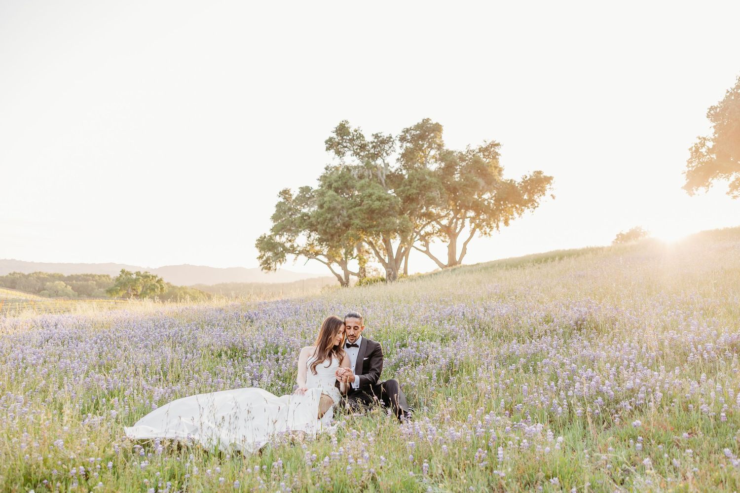 A dreamy wedding photoshoot in a field of bluebonnets during golden hour.