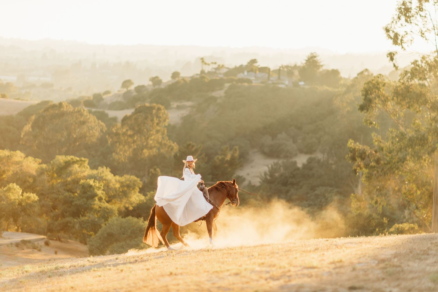 Ethereal scene of a rider in white atop a horse kicking up dust against a mountainous backdrop.