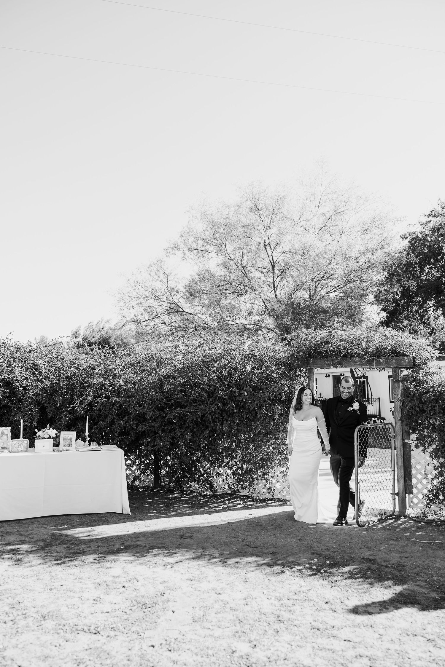 Black and white outdoor wedding ceremony setup with chairs and natural backdrop.