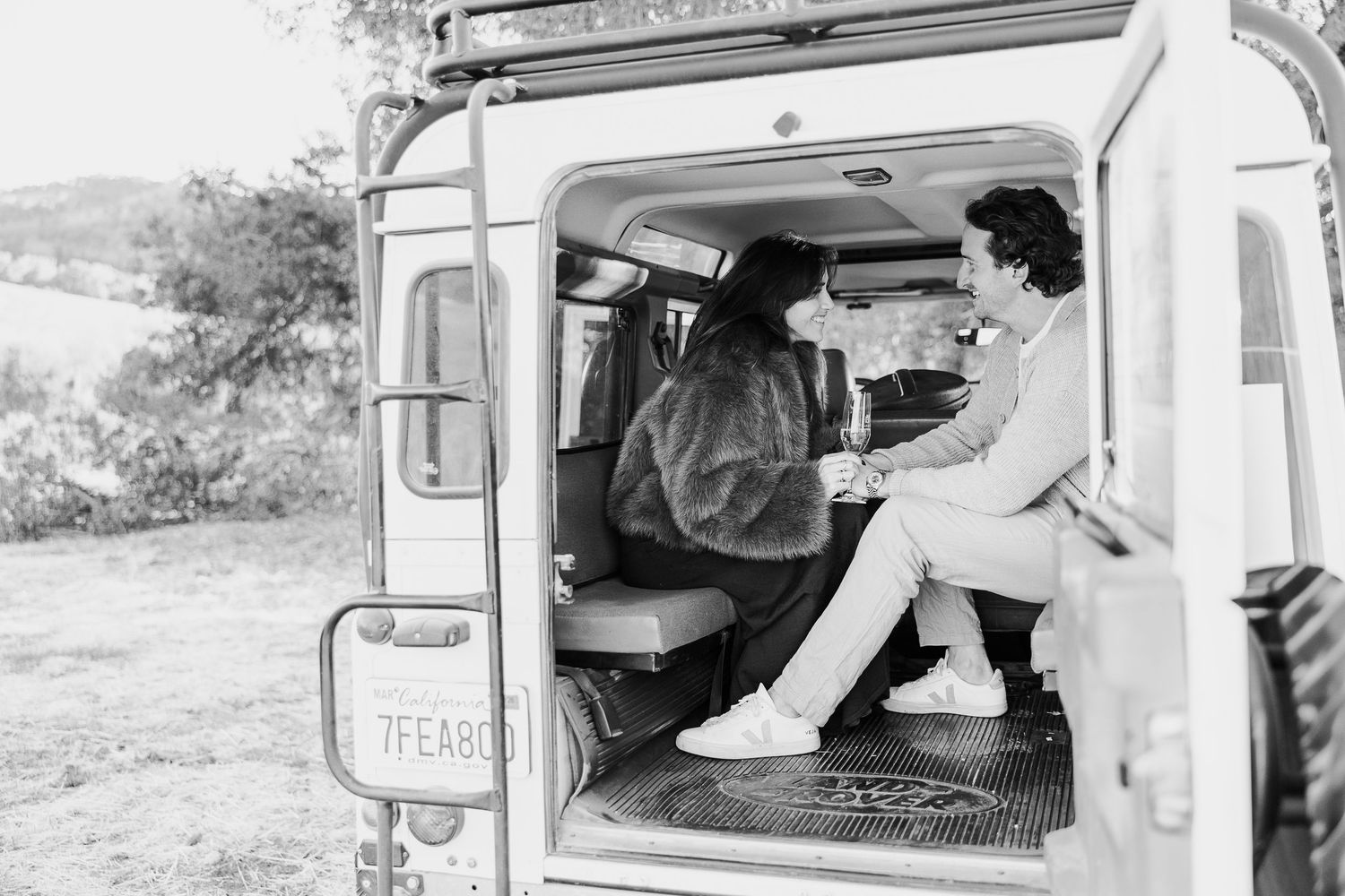Vintage black and white photo sequence showing someone entering and exiting a car door from multiple angles.